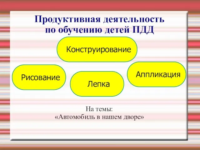 Продуктивная деятельность по обучению детей ПДД На темы: «Автомобиль в нашем дворе» Рисование Аппликация Лепка Конструирование