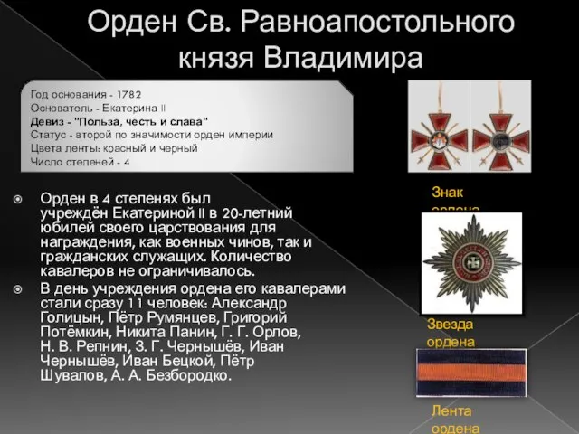 Орден Св. Равноапостольного князя Владимира Орден в 4 степенях был учреждён Екатериной