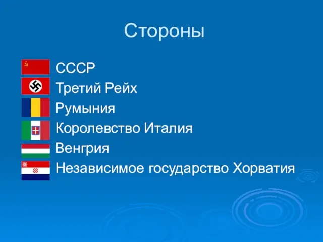 Стороны СССР Третий Рейх Румыния Королевство Италия Венгрия Независимое государство Хорватия