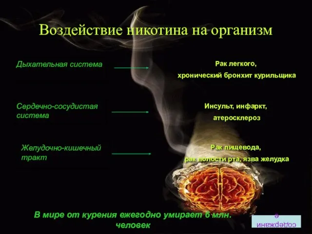 Воздействие никотина на организм содержание Рак легкого, хронический бронхит курильщика Инсульт, инфаркт,