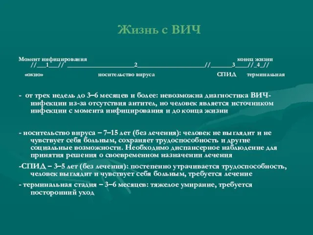 Жизнь с ВИЧ Момент инфицирования конец жизни //___1___// ______________________2______________________//_______3____//_4_// «окно» носительство вируса