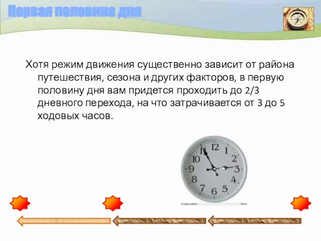 Первая половина дня Хотя режим движения существенно зависит от района путешествия, сезона