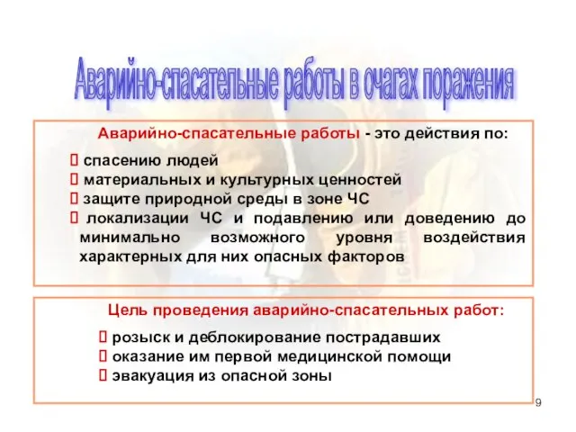 Аварийно-спасательные работы в очагах поражения Аварийно-спасательные работы - это действия по: спасению