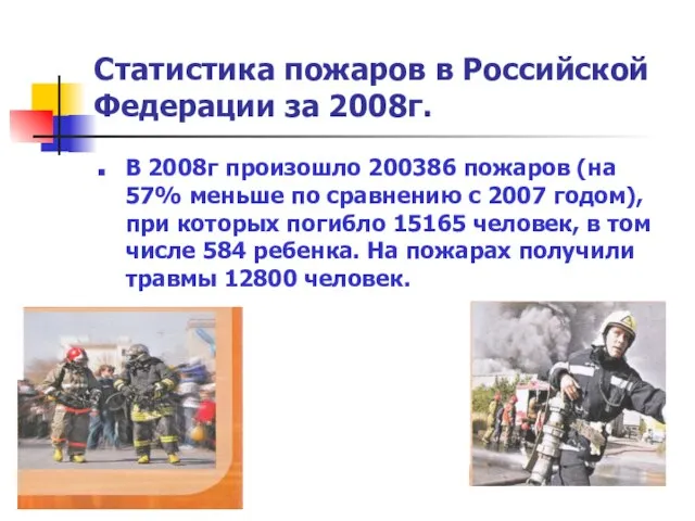 Статистика пожаров в Российской Федерации за 2008г. В 2008г произошло 200386 пожаров