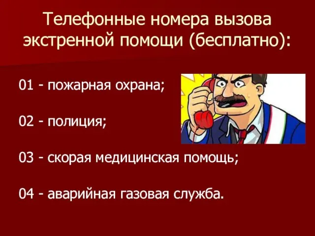 Телефонные номера вызова экстренной помощи (бесплатно): 01 - пожарная охрана; 02 -