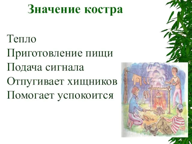 Значение костра Тепло Приготовление пищи Подача сигнала Отпугивает хищников Помогает успокоится