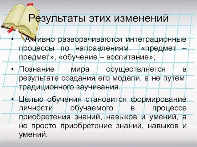 Результаты этих изменений Активно разворачиваются интеграционные процессы по направлениям «предмет – предмет»,