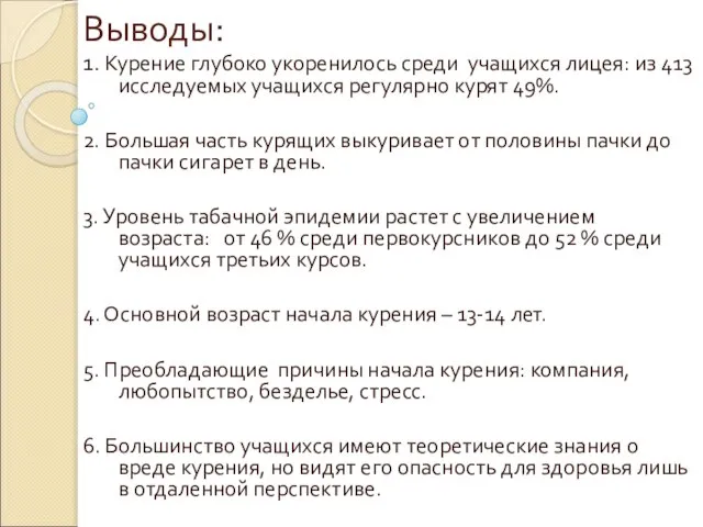 Выводы: 1. Курение глубоко укоренилось среди учащихся лицея: из 413 исследуемых учащихся