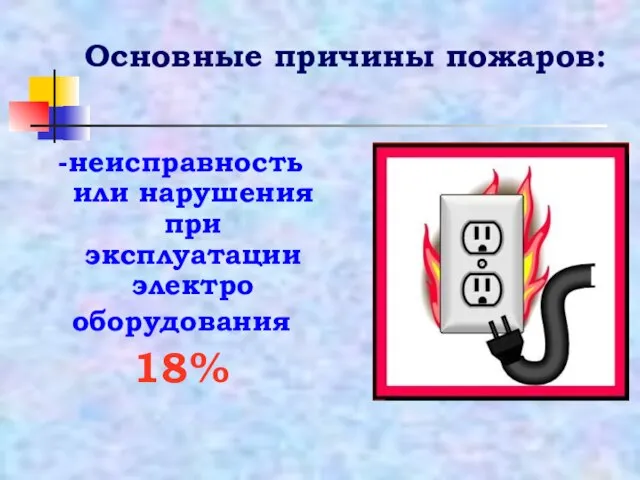 Основные причины пожаров: -неисправность или нарушения при эксплуатации электро оборудования 18%