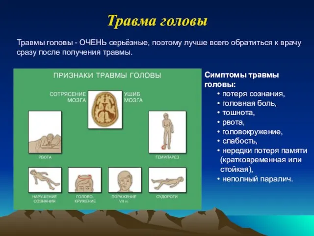 Травма головы Травмы головы - ОЧЕНЬ серьёзные, поэтому лучше всего обратиться к