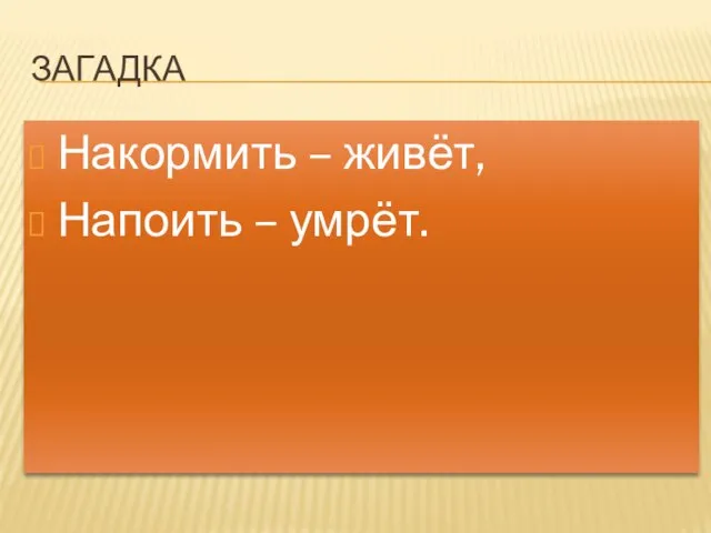 Загадка Накормить – живёт, Напоить – умрёт.