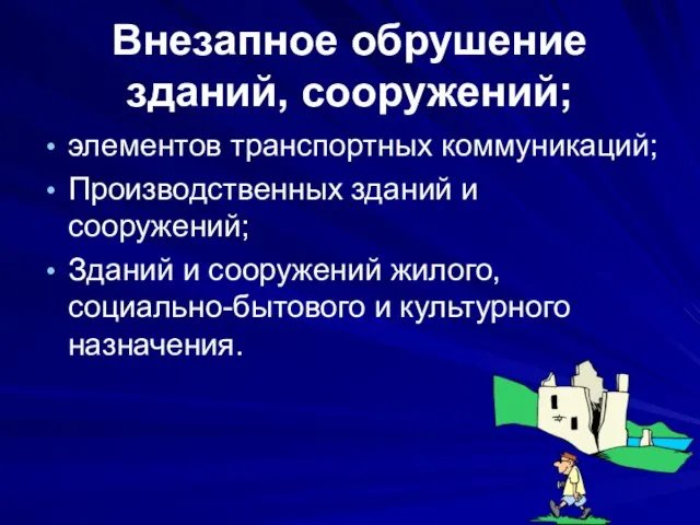 Внезапное обрушение зданий, сооружений; элементов транспортных коммуникаций; Производственных зданий и сооружений; Зданий