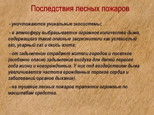 Последствия лесных пожаров - уничтожаются уникальные экосистемы; - в атмосферу выбрасывается огромное