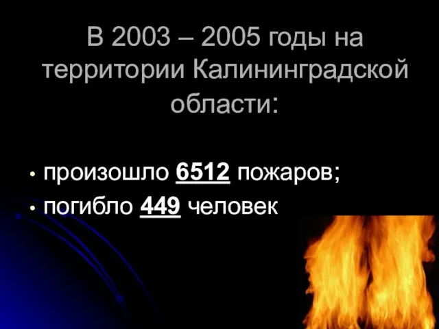 В 2003 – 2005 годы на территории Калининградской области: произошло 6512 пожаров; погибло 449 человек