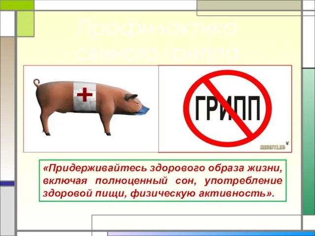 Профилактика свиного гриппа «Придерживайтесь здорового образа жизни, включая полноценный сон, употребление здоровой пищи, физическую активность».