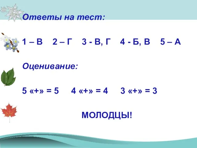 Ответы на тест: 1 – В 2 – Г 3 - В,