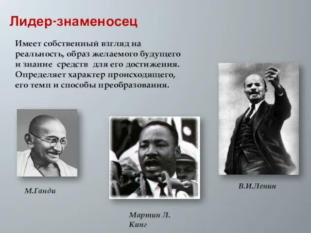 Лидер-знаменосец Имеет собственный взгляд на реальность, образ желаемого будущего и знание средств