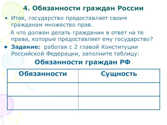 4. Обязанности граждан России Итак, государство предоставляет своим гражданам множество прав. А