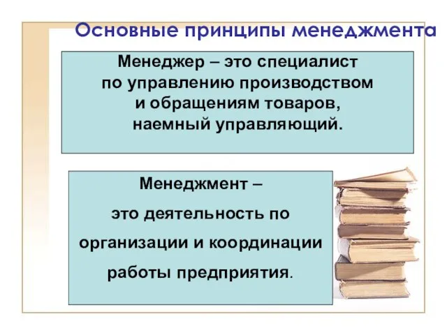 Основные принципы менеджмента Менеджер – это специалист по управлению производством и обращениям