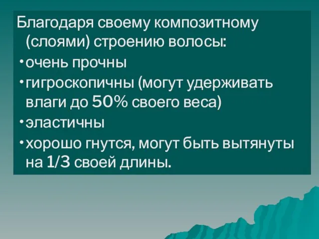 Благодаря своему композитному (слоями) строению волосы: очень прочны гигроскопичны (могут удерживать влаги