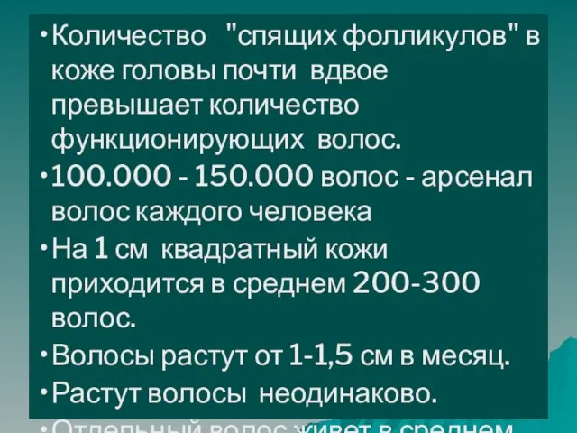 Количество "спящих фолликулов" в коже головы почти вдвое превышает количество функционирующих волос.