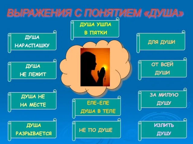 ВЫРАЖЕНИЯ С ПОНЯТИЕМ «ДУША» ДУША НАРАСПАШКУ ДУША НЕ ЛЕЖИТ ДУША НЕ НА