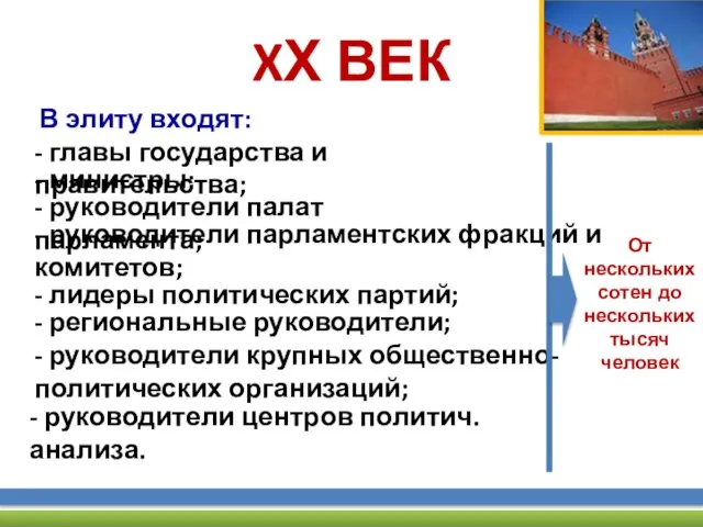 XХ ВЕК В элиту входят: - главы государства и правительства; - министры;