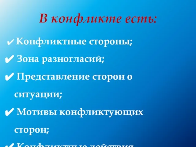 В конфликте есть: Конфликтные стороны; Зона разногласий; Представление сторон о ситуации; Мотивы конфликтующих сторон; Конфликтные действия.