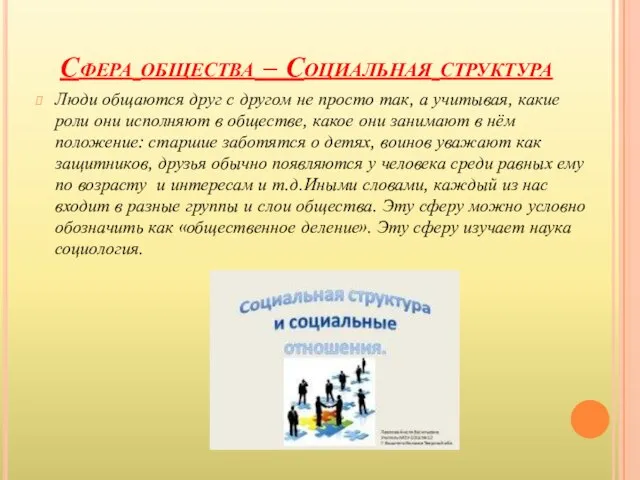 Сфера общества – Социальная структура Люди общаются друг с другом не просто