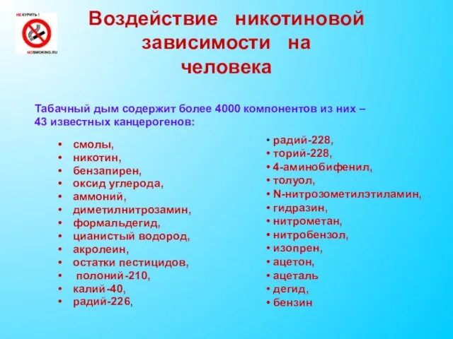 Воздействие никотиновой зависимости на человека смолы, никотин, бензапирен, оксид углерода, аммоний, диметилнитрозамин,