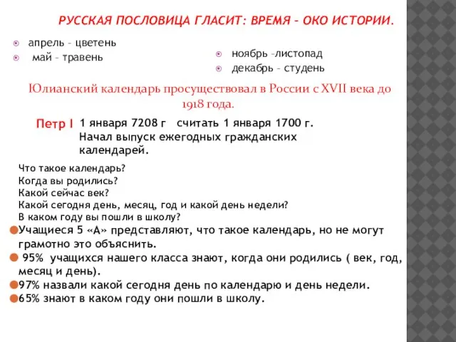 Русская пословица гласит: время – око истории. апрель – цветень май –