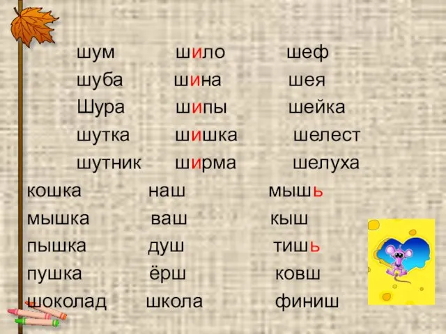 шум шило шеф шуба шина шея Шура шипы шейка шутка шишка шелест