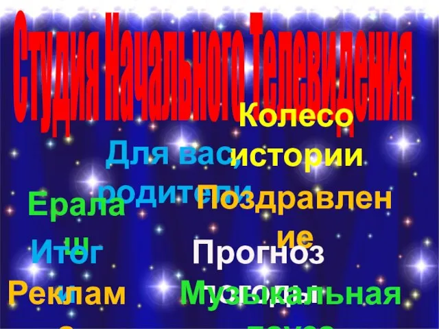 Студия Начального Телевидения Колесо истории Для вас, родители Ералаш Поздравление Итоги Прогноз погоды Реклама Музыкальная пауза