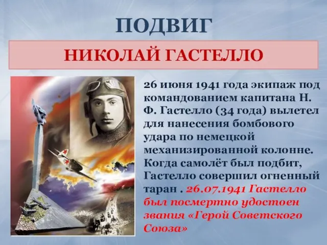 ПОДВИГ 26 июня 1941 года экипаж под командованием капитана Н. Ф. Гастелло