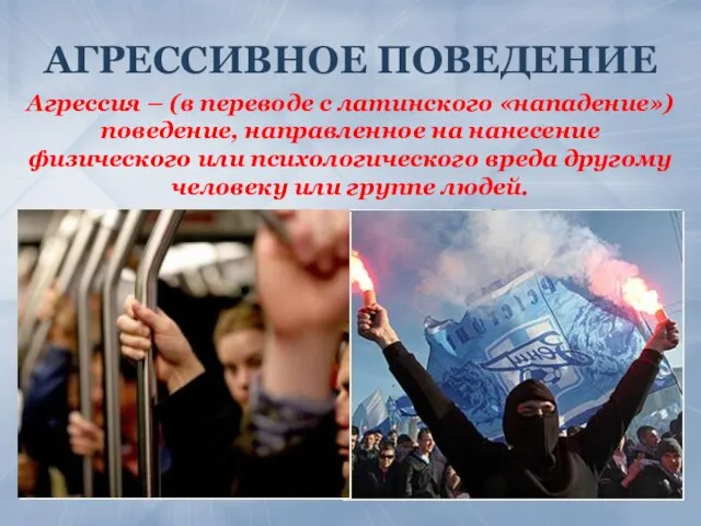 АГРЕССИВНОЕ ПОВЕДЕНИЕ Агрессия – (в переводе с латинского «нападение») поведение, направленное на