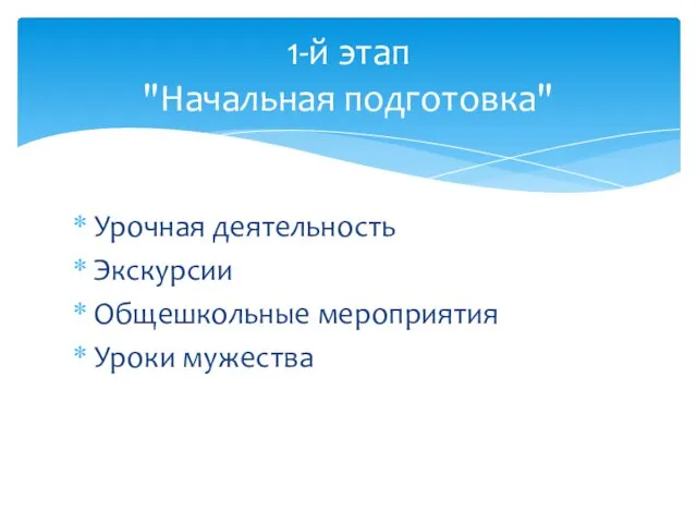 Урочная деятельность Экскурсии Общешкольные мероприятия Уроки мужества 1-й этап "Начальная подготовка"