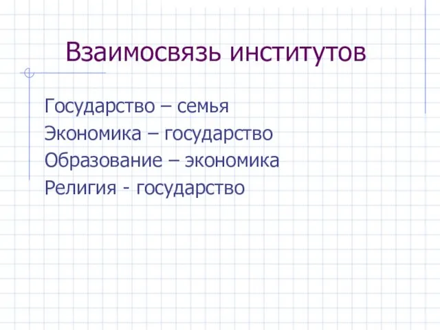 Взаимосвязь институтов Государство – семья Экономика – государство Образование – экономика Религия - государство