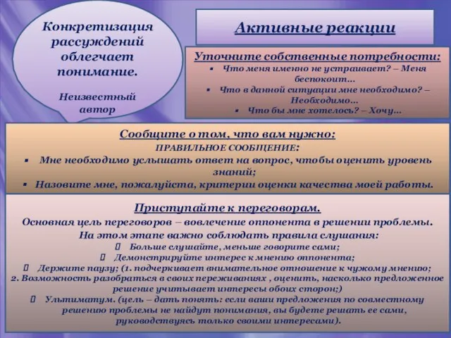 Конкретизация рассуждений облегчает понимание. Неизвестный автор Активные реакции Уточните собственные потребности: Что