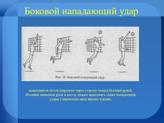 Боковой нападающий удар выполняется после широкого через сторону замаха бьющей рукой. Изменяя