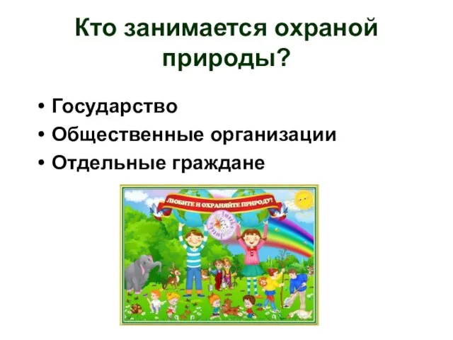 Кто занимается охраной природы? Государство Общественные организации Отдельные граждане