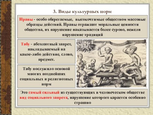 3. Виды культурных норм Нравы - особо оберегаемые, высокочтимые обществом массовые образцы