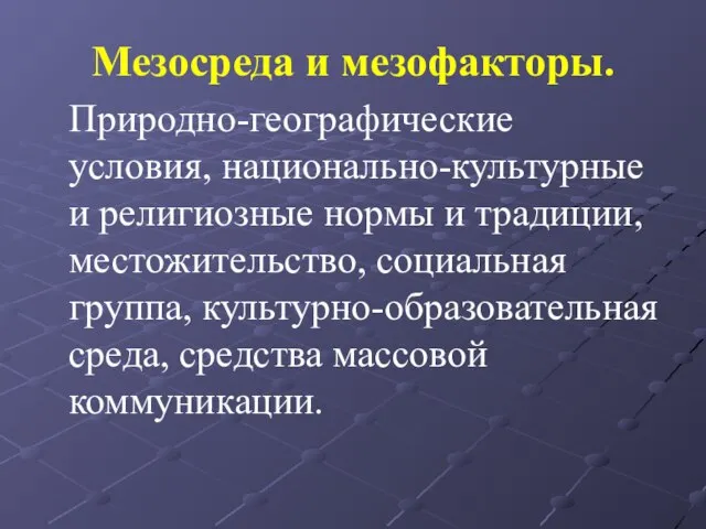 Мезосреда и мезофакторы. Природно-географические условия, национально-культурные и религиозные нормы и традиции, местожительство,