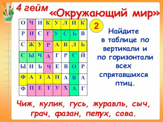 Чиж, кулик, гусь, журавль, сыч, грач, фазан, петух, сова. 4 гейм «Окружающий