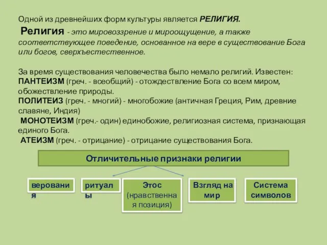 Одной из древнейших форм культуры является РЕЛИГИЯ. Религия - это мировоззрение и