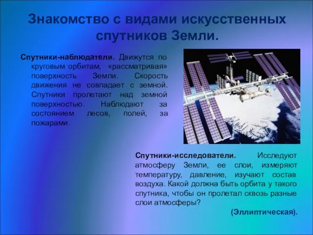 Знакомство с видами искусственных спутников Земли. Спутники-наблюдатели. Движутся по круговым орбитам, «рассматривая»