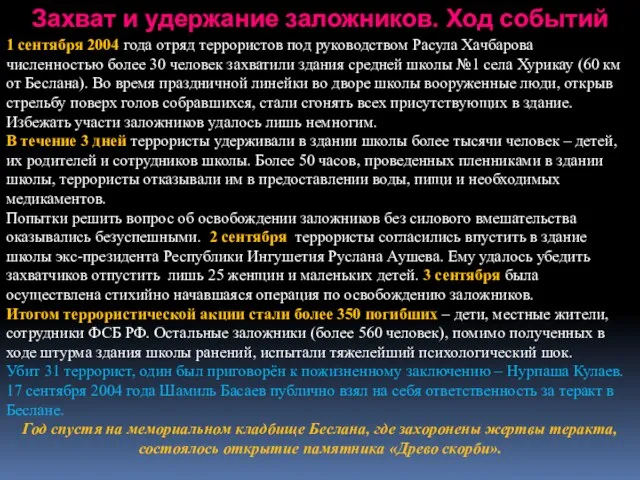 Захват и удержание заложников. Ход событий 1 сентября 2004 года отряд террористов