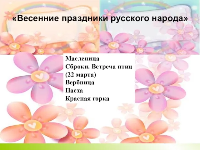 «Весенние праздники русского народа» Масленица Сброки. Встреча птиц (22 марта) Вербница Пасха Красная горка