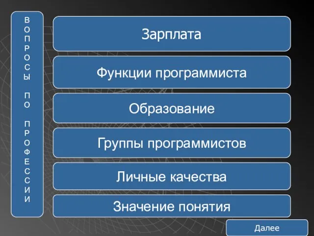 Зарплата Зарплата Функции программиста Образование Группы программистов В О П Р О