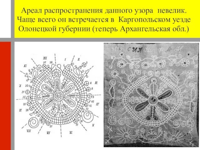 Ареал распространения данного узора невелик. Чаще всего он встречается в Каргопольском уезде