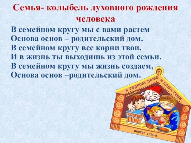 Семья- колыбель духовного рождения человека В семейном кругу мы с вами растем